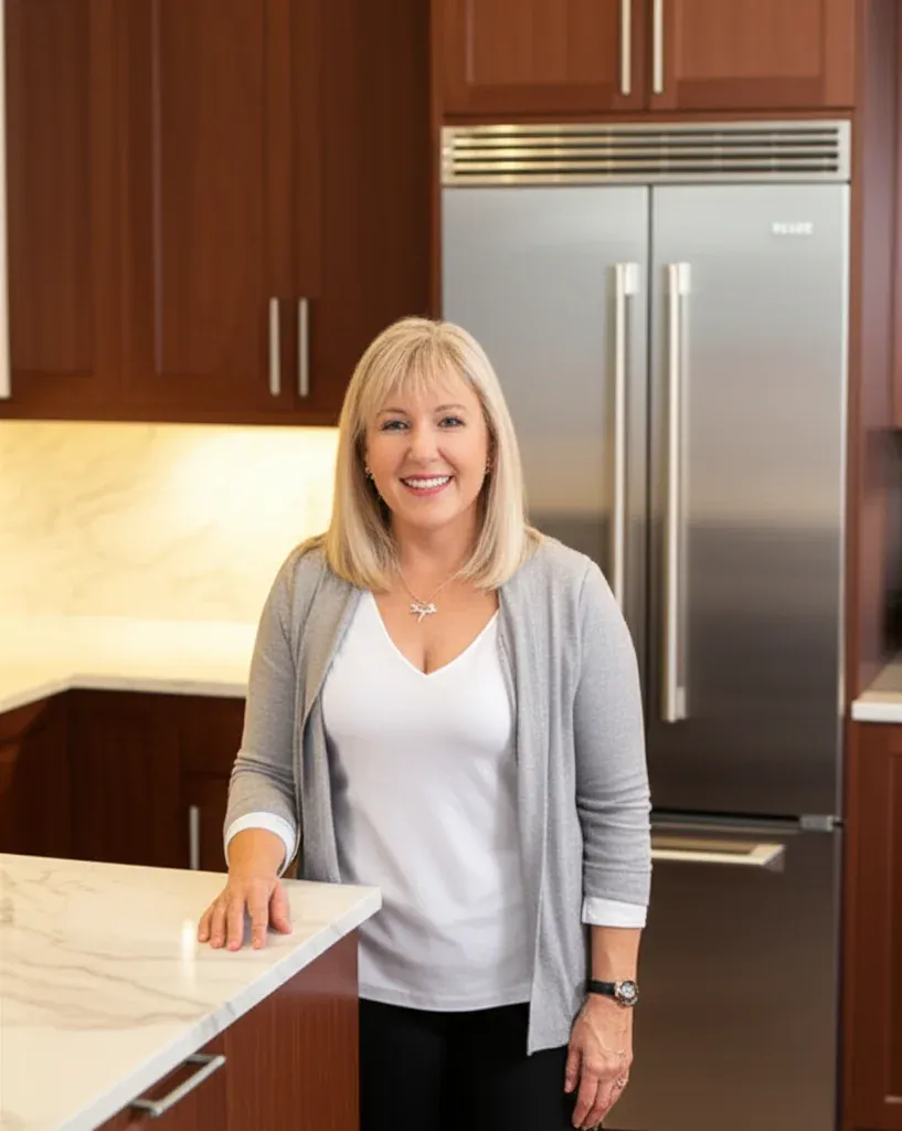 A person in a grey cardigan standing in a kitchen beside a tall stainless refrigerator in dark wood cabinets