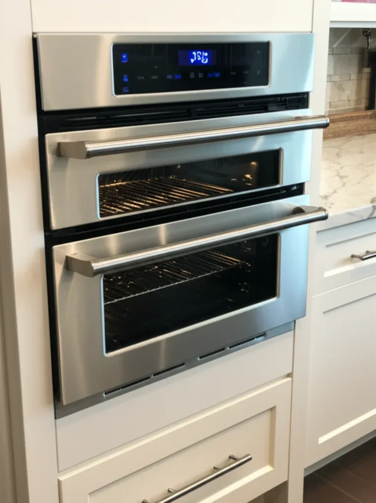 A stainless double wall oven built into cabinetry, both doors closed and both handles full width