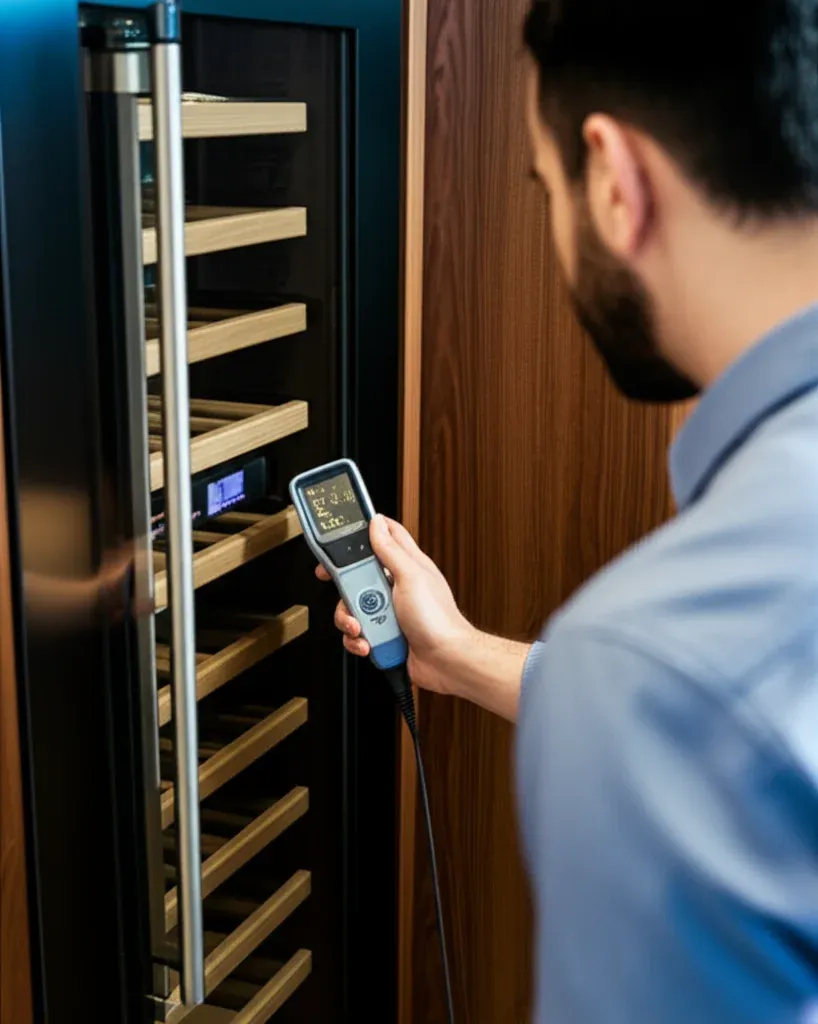 A person holding a handheld digital probe up to an open wine cabinet lined with wooden racks
